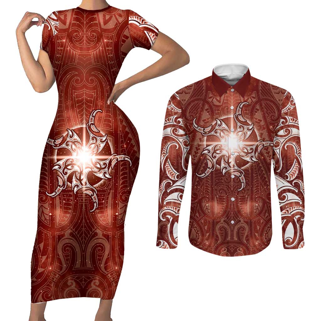 New Zealand Matariki Pohutukawa Couples Matching Short Sleeve Bodycon Dress and Long Sleeve Button Shirt Maori Moko Red Galaxy