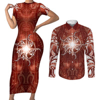 New Zealand Matariki Pohutukawa Couples Matching Short Sleeve Bodycon Dress and Long Sleeve Button Shirt Maori Moko Red Galaxy