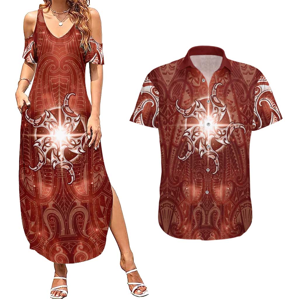New Zealand Matariki Pohutukawa Couples Matching Summer Maxi Dress and Hawaiian Shirt Maori Moko Red Galaxy LT05 Red - Polynesian Pride