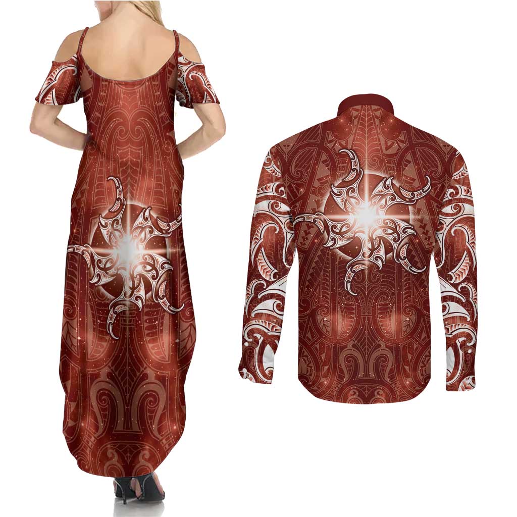 New Zealand Matariki Pohutukawa Couples Matching Summer Maxi Dress and Long Sleeve Button Shirt Maori Moko Red Galaxy