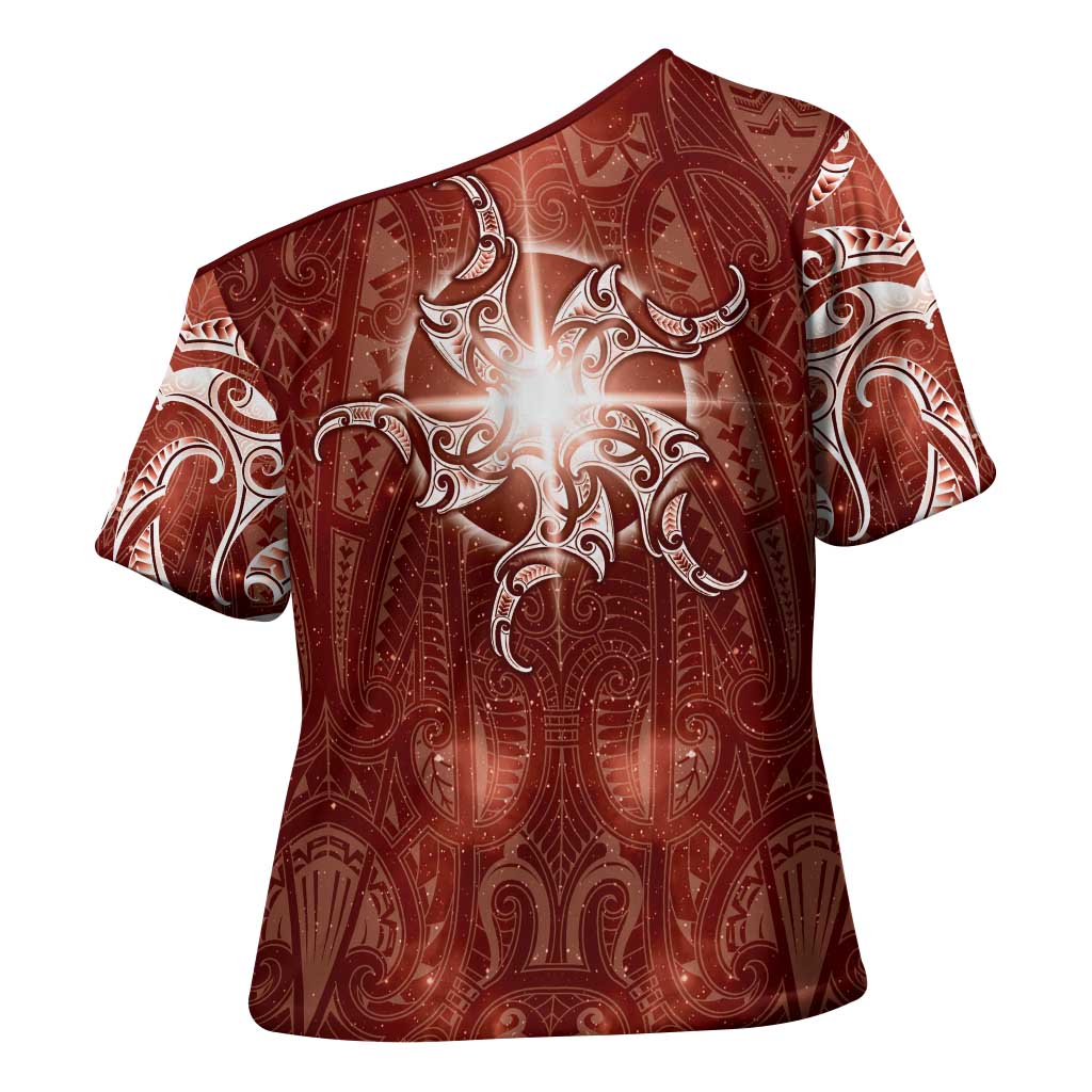 New Zealand Matariki Pohutukawa Cross Shoulder Shirt Maori Moko Red Galaxy LT05 - Polynesian Pride