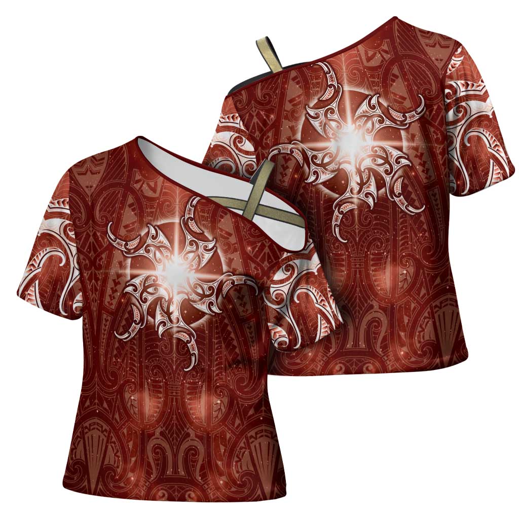 New Zealand Matariki Pohutukawa Cross Shoulder Shirt Maori Moko Red Galaxy LT05 - Polynesian Pride