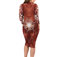 New Zealand Matariki Pohutukawa Family Matching Long Sleeve Bodycon Dress and Hawaiian Shirt Maori Moko Red Galaxy LT05 - Polynesian Pride