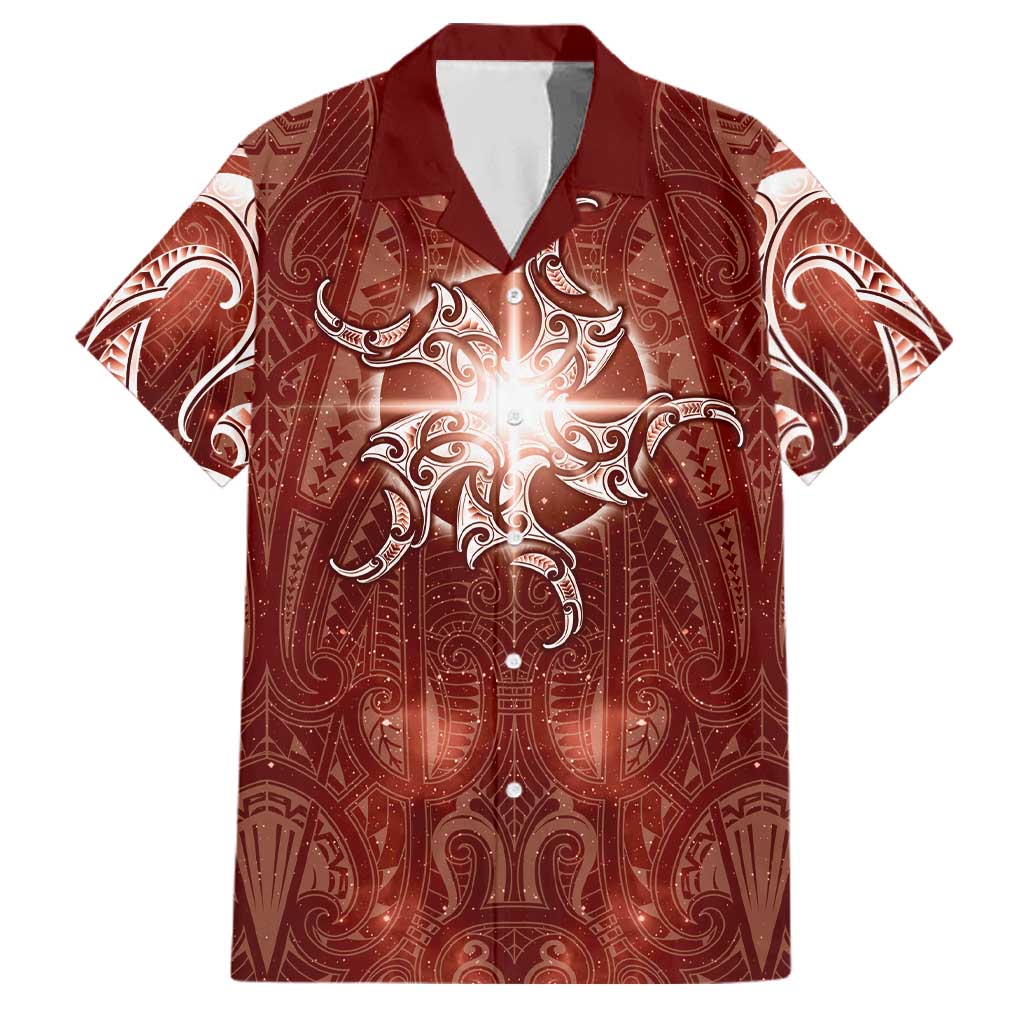 New Zealand Matariki Pohutukawa Family Matching Mermaid Dress and Hawaiian Shirt Maori Moko Red Galaxy LT05 Dad's Shirt - Short Sleeve Red - Polynesian Pride