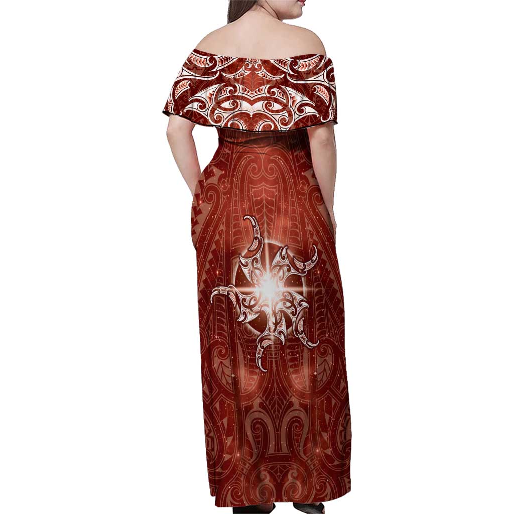 New Zealand Matariki Pohutukawa Family Matching Off Shoulder Maxi Dress and Hawaiian Shirt Maori Moko Red Galaxy LT05 - Polynesian Pride