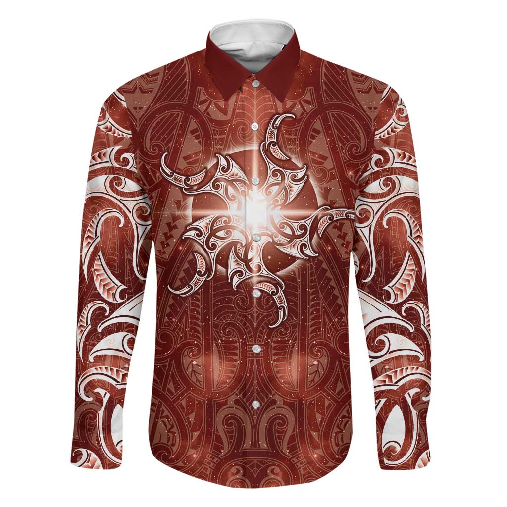 New Zealand Matariki Pohutukawa Family Matching Off Shoulder Short Dress and Hawaiian Shirt Maori Moko Red Galaxy LT05 Dad's Shirt - Long Sleeve Red - Polynesian Pride