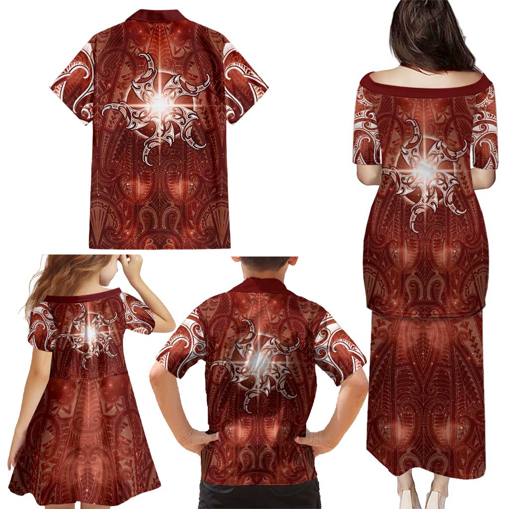 New Zealand Matariki Pohutukawa Family Matching Puletasi and Hawaiian Shirt Maori Moko Red Galaxy LT05 - Polynesian Pride