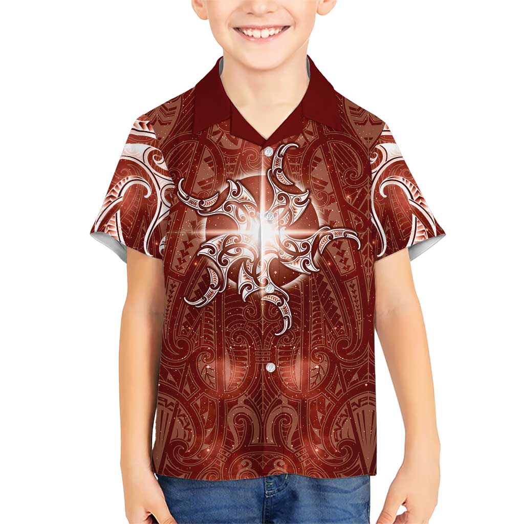 New Zealand Matariki Pohutukawa Family Matching Puletasi and Hawaiian Shirt Maori Moko Red Galaxy LT05 Son's Shirt Red - Polynesian Pride