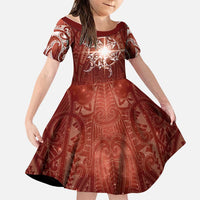 New Zealand Matariki Pohutukawa Family Matching Summer Maxi Dress and Hawaiian Shirt Maori Moko Red Galaxy LT05 Daughter's Dress Red - Polynesian Pride