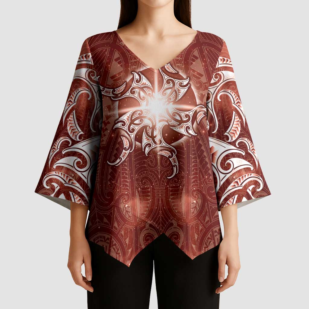 New Zealand Matariki Pohutukawa Kimono Sleeve Blouse Maori Moko Red Galaxy LT05 - Polynesian Pride