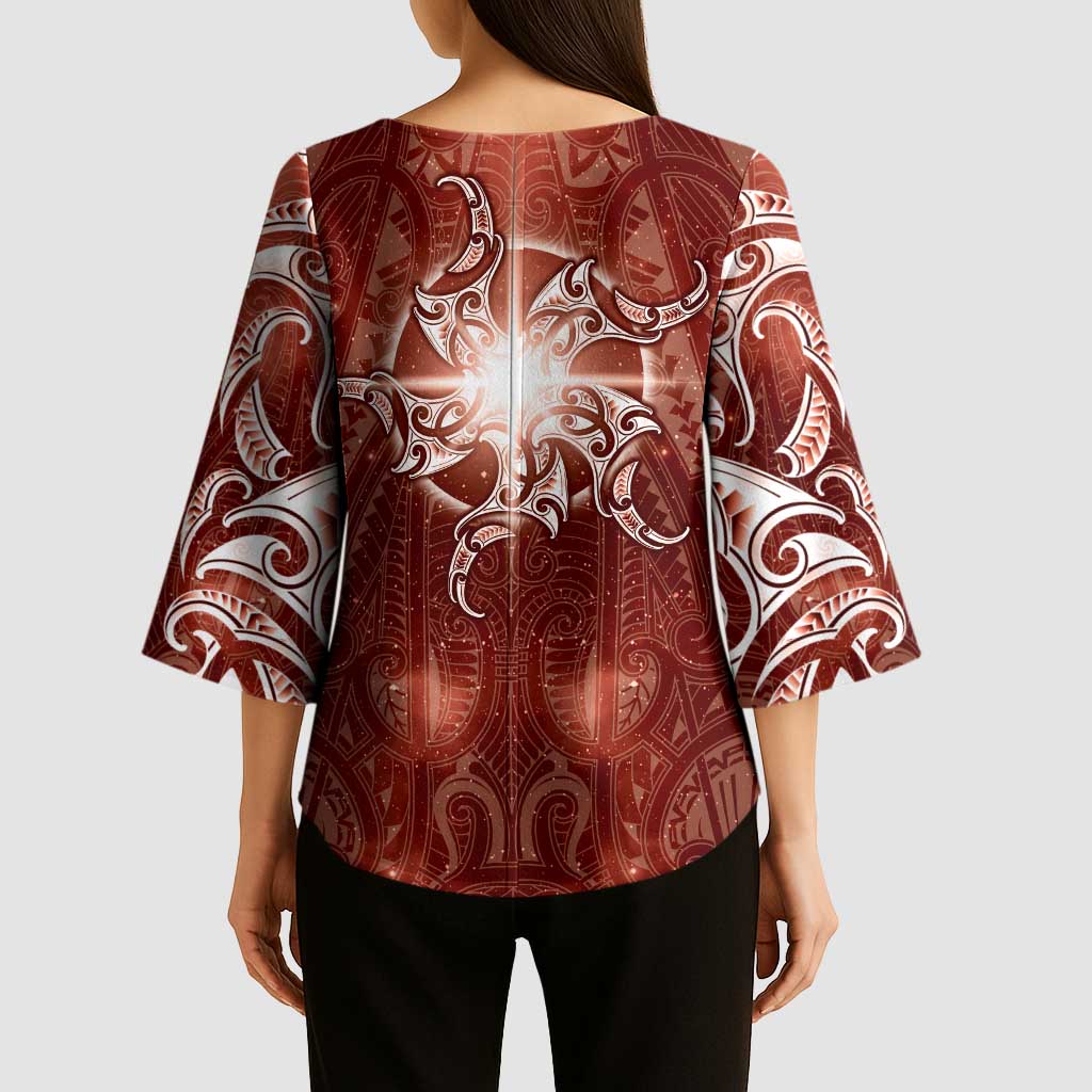 New Zealand Matariki Pohutukawa Kimono Sleeve Blouse Maori Moko Red Galaxy LT05 - Polynesian Pride