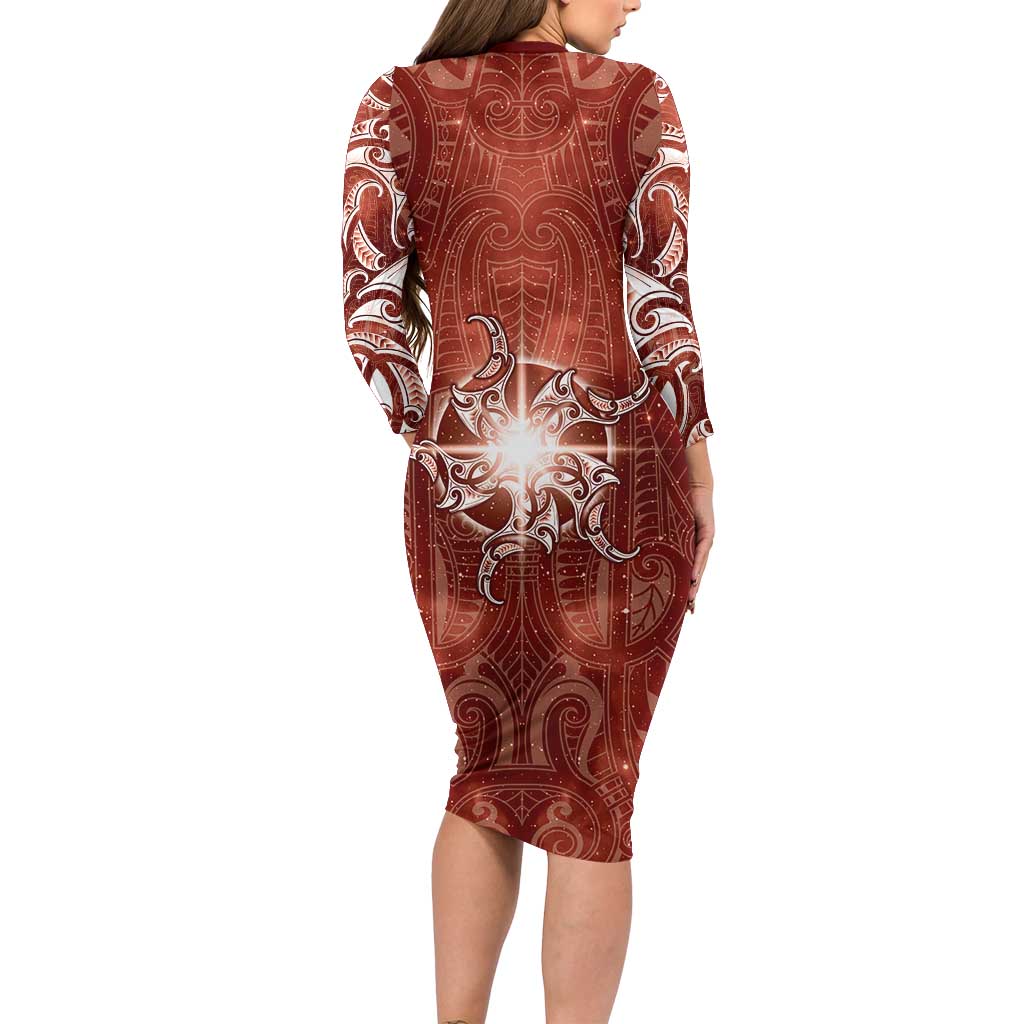 New Zealand Matariki Pohutukawa Long Sleeve Bodycon Dress Maori Moko Red Galaxy LT05 - Polynesian Pride