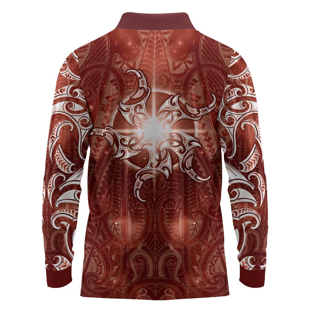 New Zealand Matariki Pohutukawa Long Sleeve Polo Shirt Maori Moko Red Galaxy LT05 - Polynesian Pride