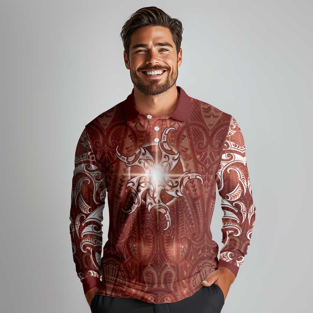New Zealand Matariki Pohutukawa Long Sleeve Polo Shirt Maori Moko Red Galaxy LT05 - Polynesian Pride