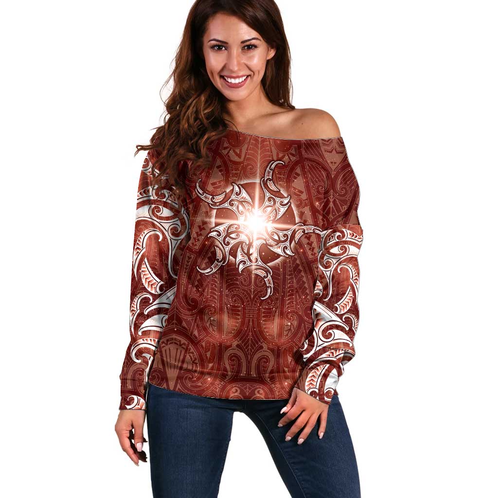 New Zealand Matariki Pohutukawa Off Shoulder Sweater Maori Moko Red Galaxy