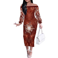 New Zealand Matariki Pohutukawa Off The Shoulder Long Sleeve Dress Maori Moko Red Galaxy
