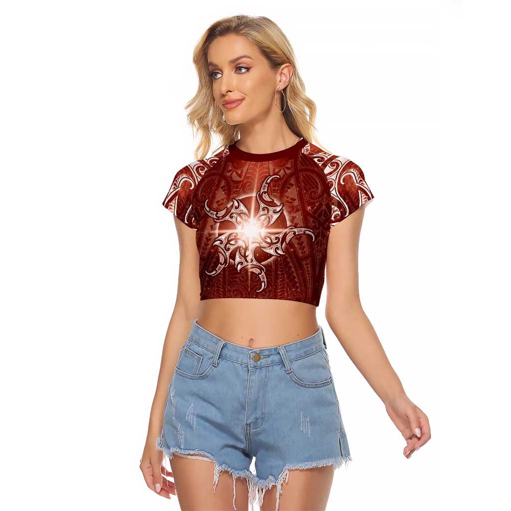 New Zealand Matariki Pohutukawa Raglan Cropped T Shirt Maori Moko Red Galaxy LT05 Female Red - Polynesian Pride