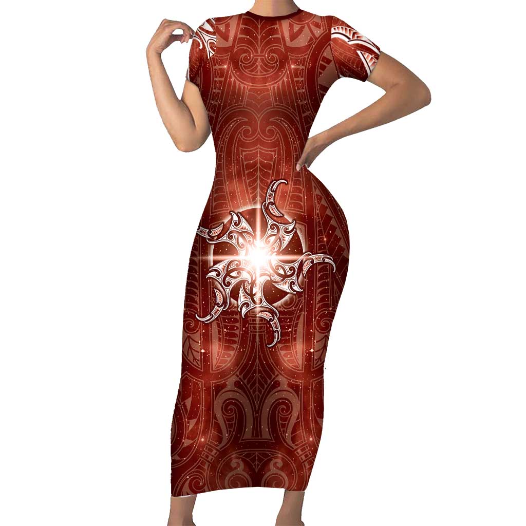 New Zealand Matariki Pohutukawa Short Sleeve Bodycon Dress Maori Moko Red Galaxy LT05 Long Dress Red - Polynesian Pride