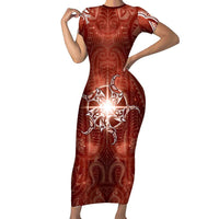 New Zealand Matariki Pohutukawa Short Sleeve Bodycon Dress Maori Moko Red Galaxy LT05 Long Dress Red - Polynesian Pride