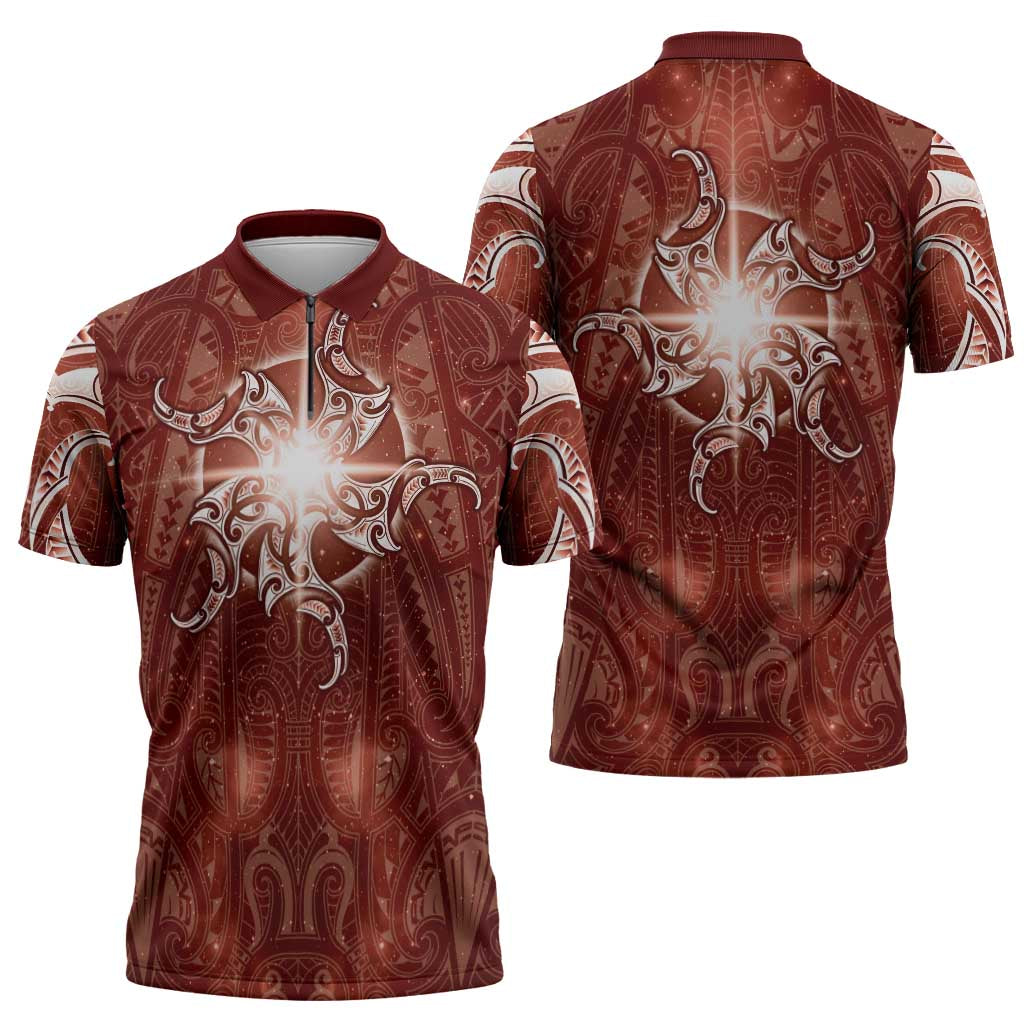 New Zealand Matariki Pohutukawa Zipper Polo Shirt Maori Moko Red Galaxy LT05 - Polynesian Pride