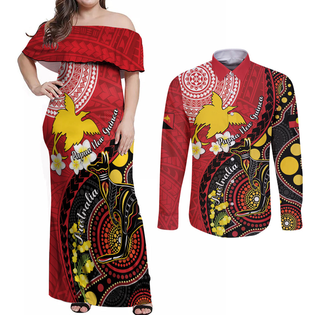 Papua New Guinea And Australia Aboriginal Couples Matching Off Shoulder Maxi Dress and Long Sleeve Button Shirt Bird Of Paradise And Kangaroo Together