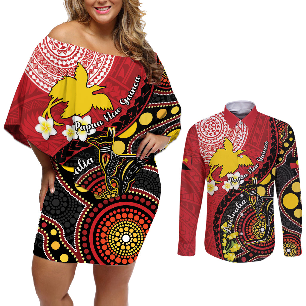 Papua New Guinea And Australia Aboriginal Couples Matching Off Shoulder Short Dress and Long Sleeve Button Shirt Bird Of Paradise And Kangaroo Together