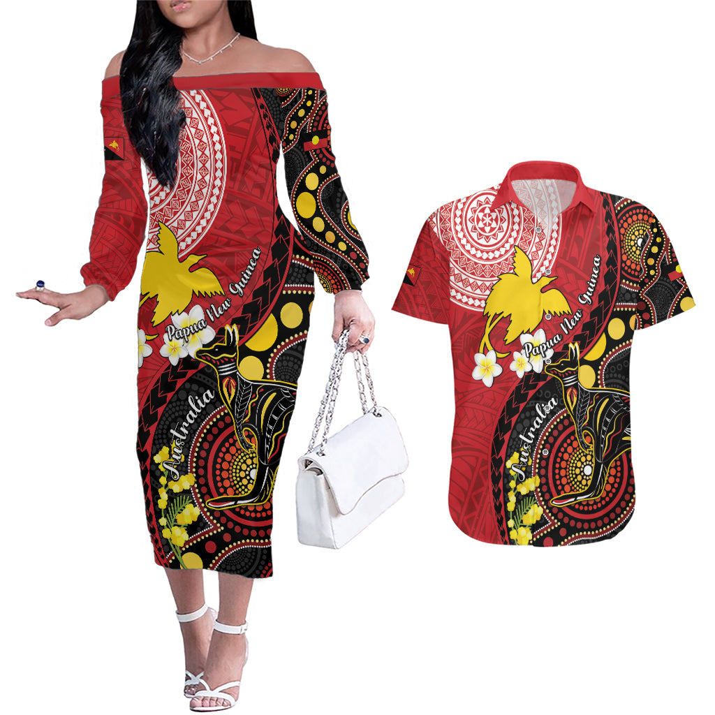 Papua New Guinea And Australia Aboriginal Couples Matching Off The Shoulder Long Sleeve Dress and Hawaiian Shirt Bird Of Paradise And Kangaroo Together