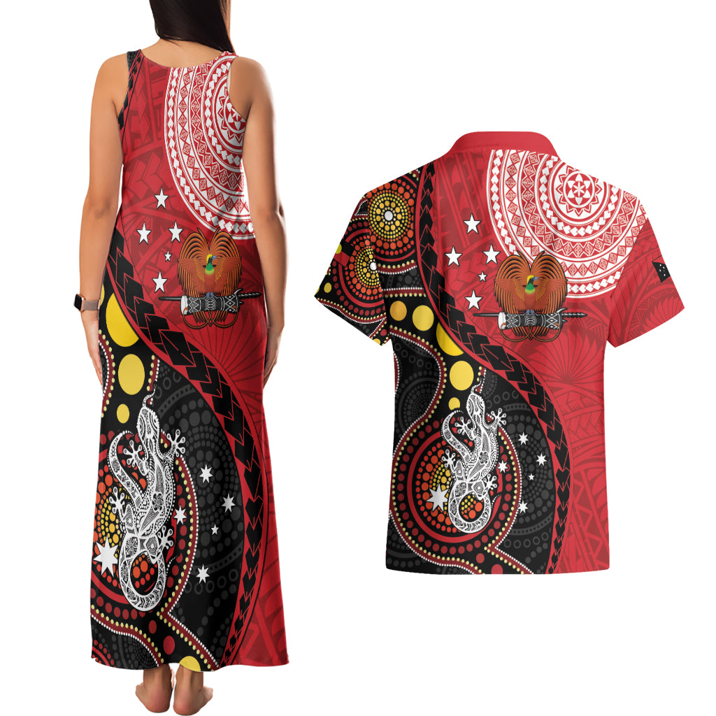Papua New Guinea And Australia Aboriginal Couples Matching Tank Maxi Dress and Hawaiian Shirt Bird Of Paradise And Kangaroo Together