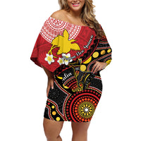 Papua New Guinea And Australia Aboriginal Family Matching Off Shoulder Short Dress and Hawaiian Shirt Bird Of Paradise And Kangaroo Together