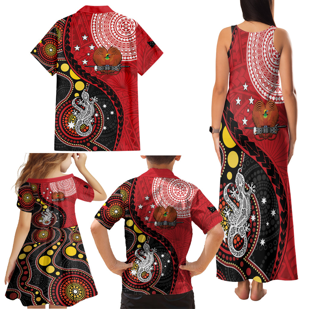 Papua New Guinea And Australia Aboriginal Family Matching Tank Maxi Dress and Hawaiian Shirt Bird Of Paradise And Kangaroo Together