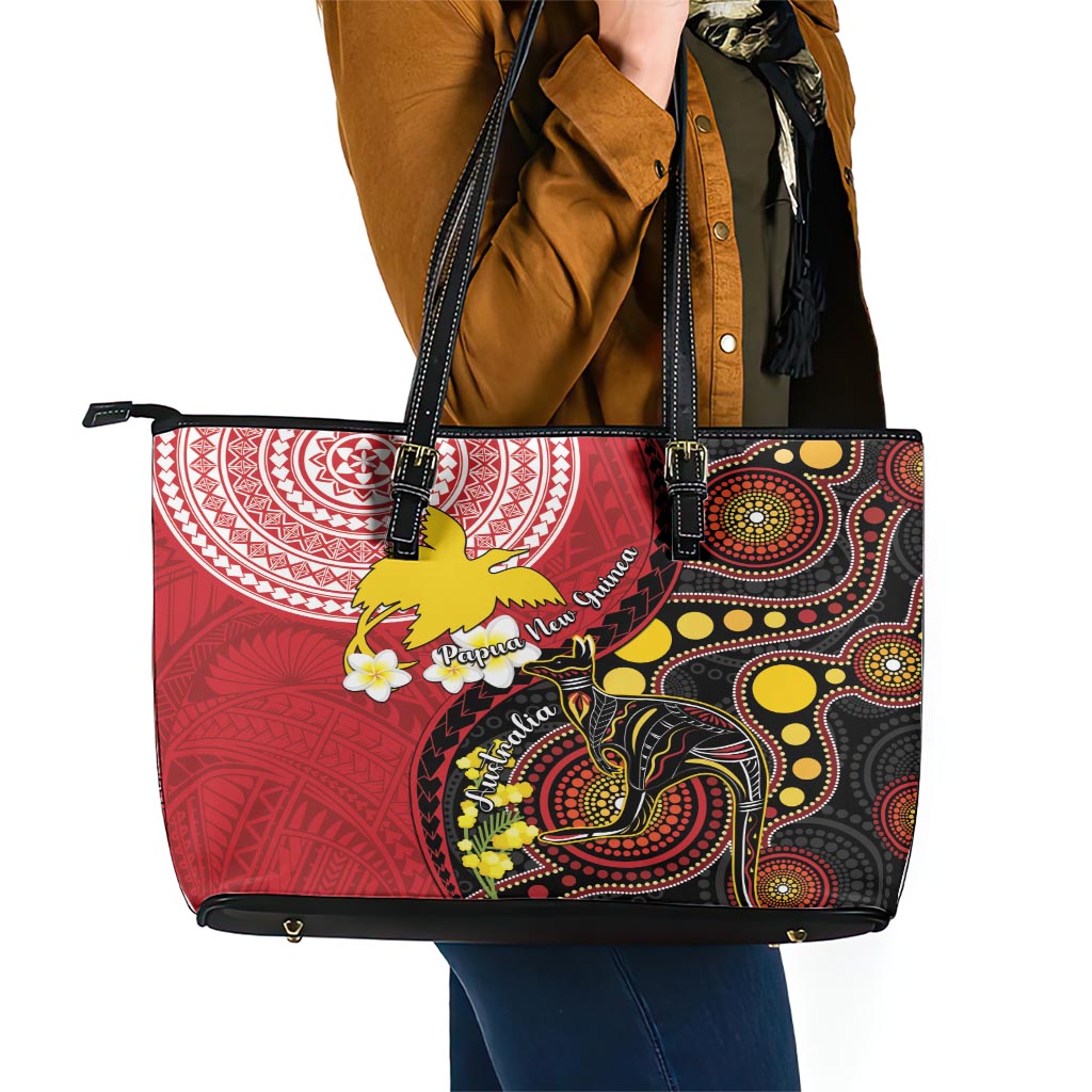 Papua New Guinea And Australia Aboriginal Leather Tote Bag Bird Of Paradise And Kangaroo Together