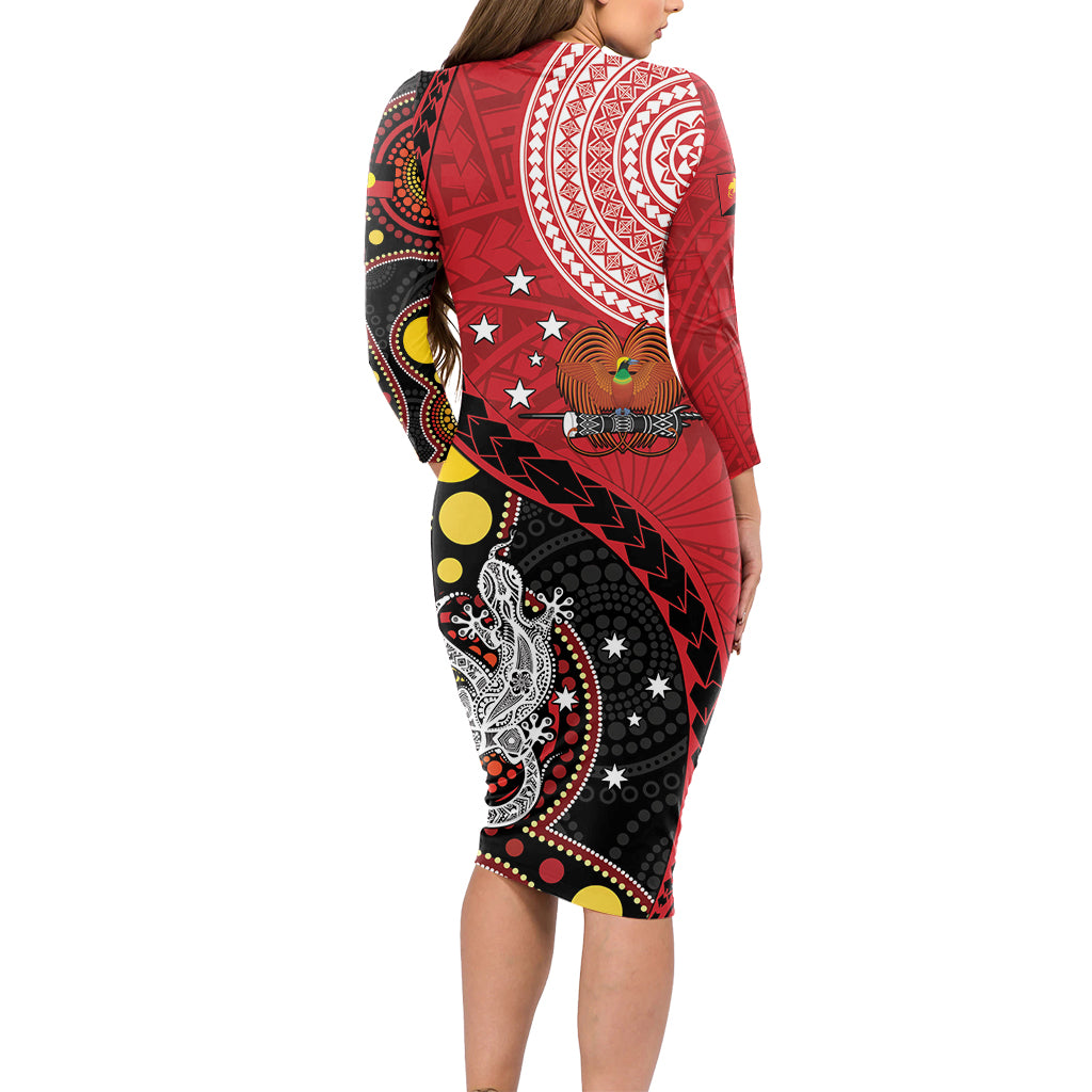 Papua New Guinea And Australia Aboriginal Long Sleeve Bodycon Dress Bird Of Paradise And Kangaroo Together