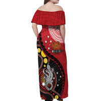 Papua New Guinea And Australia Aboriginal Off Shoulder Maxi Dress Bird Of Paradise And Kangaroo Together