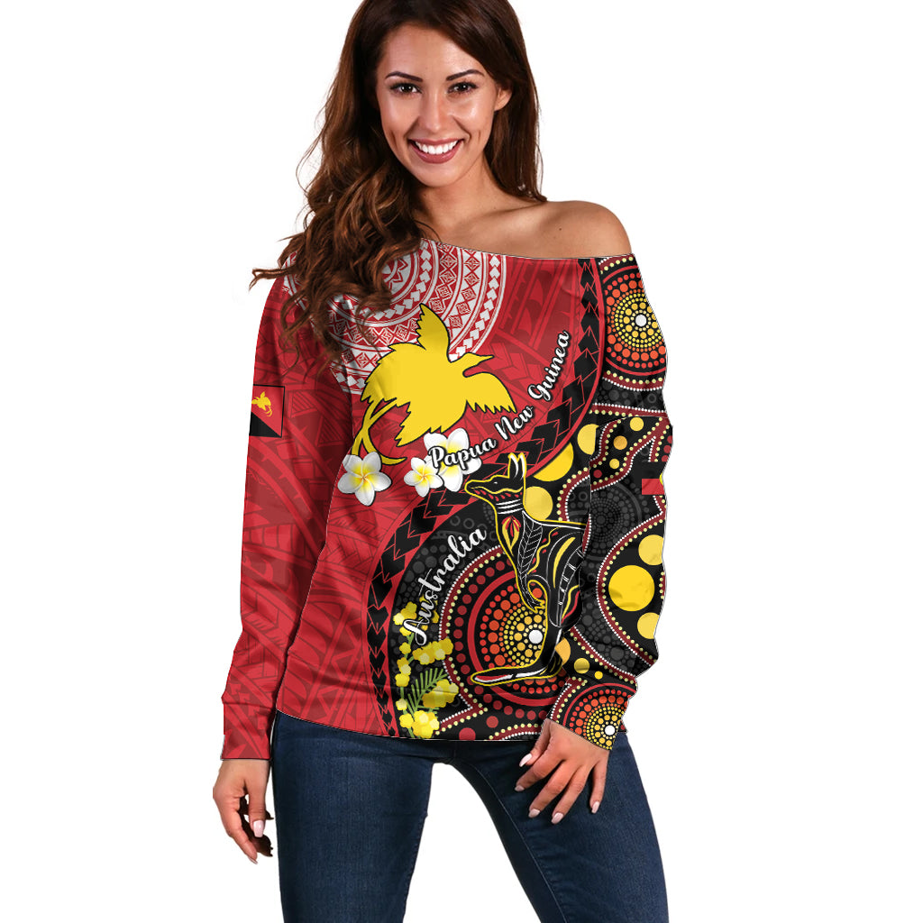 Papua New Guinea And Australia Aboriginal Off Shoulder Sweater Bird Of Paradise And Kangaroo Together