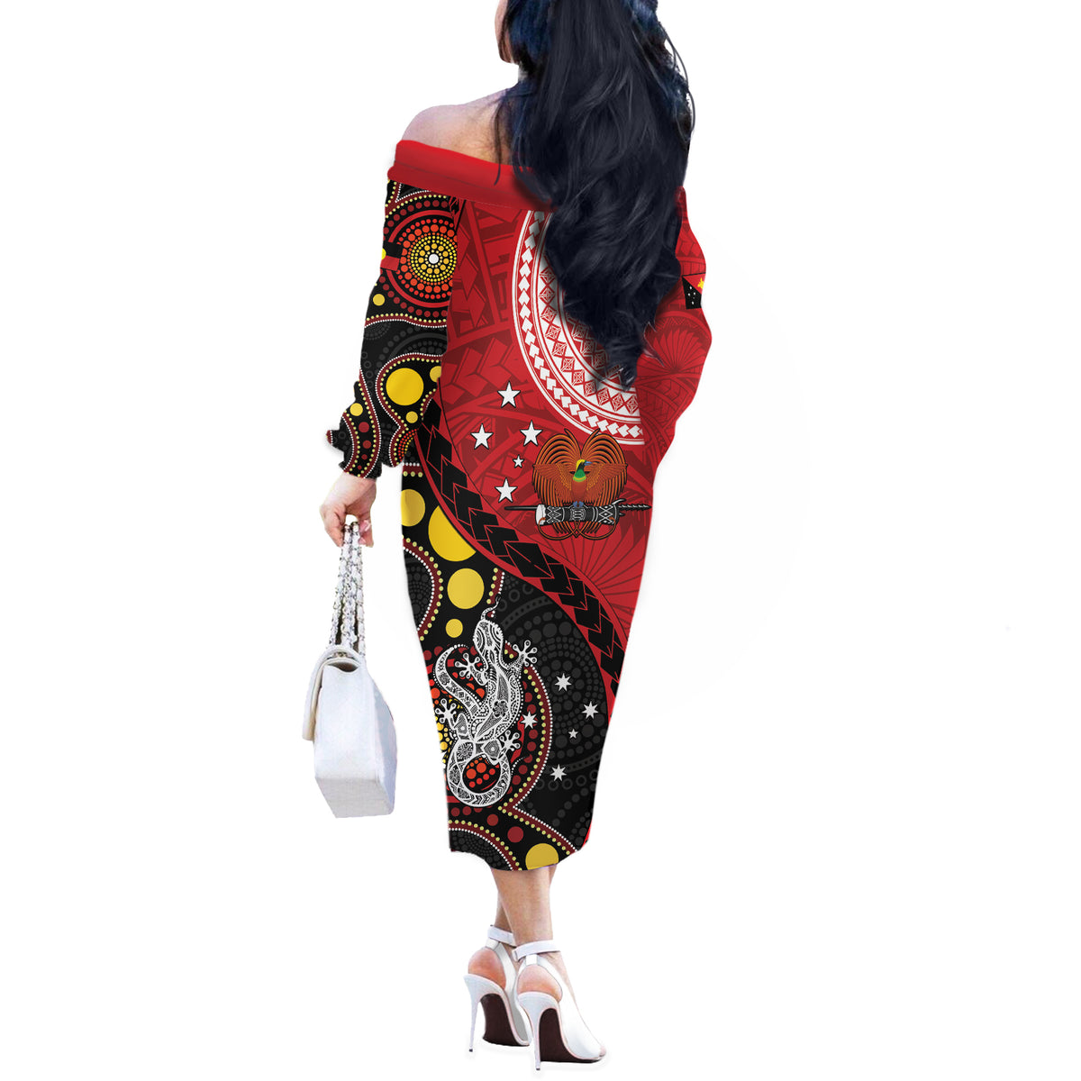 Papua New Guinea And Australia Aboriginal Off The Shoulder Long Sleeve Dress Bird Of Paradise And Kangaroo Together