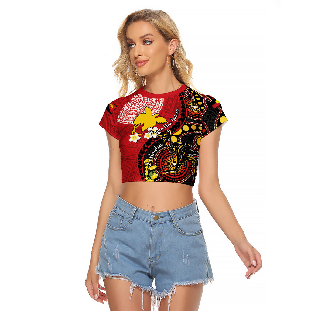 Papua New Guinea And Australia Aboriginal Raglan Cropped T Shirt Bird Of Paradise And Kangaroo Together