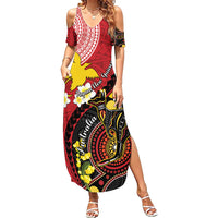Papua New Guinea And Australia Aboriginal Summer Maxi Dress Bird Of Paradise And Kangaroo Together LT05 Women Red - Polynesian Pride