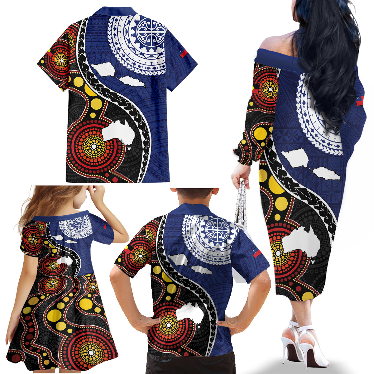 Samoa And Australia Together Family Matching Off The Shoulder Long Sleeve Dress and Hawaiian Shirt Aboriginal Mix Polynesian