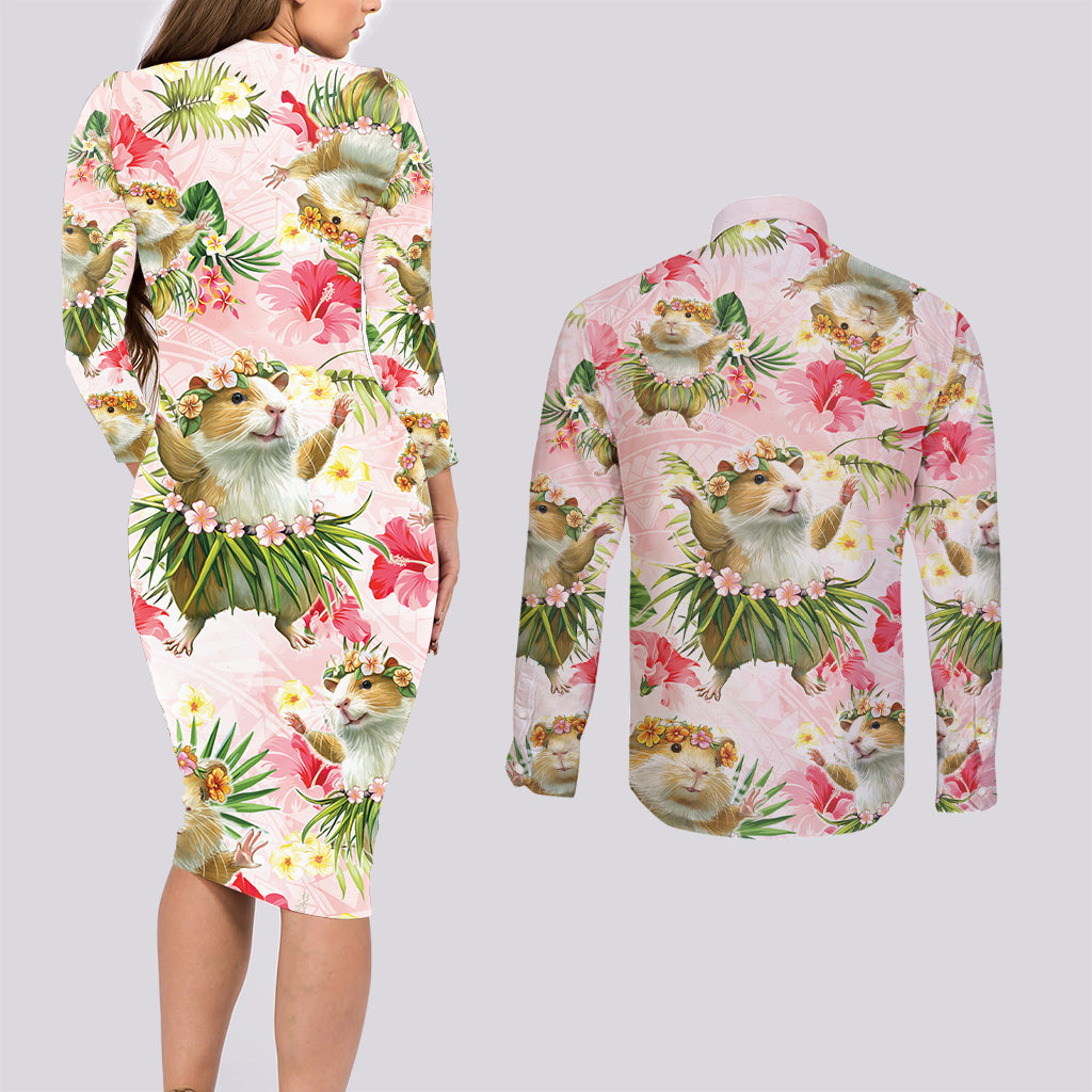 Hawaii Guinea Hula Pig Couples Matching Long Sleeve Bodycon Dress and Long Sleeve Button Shirt Funny Tropical Style
