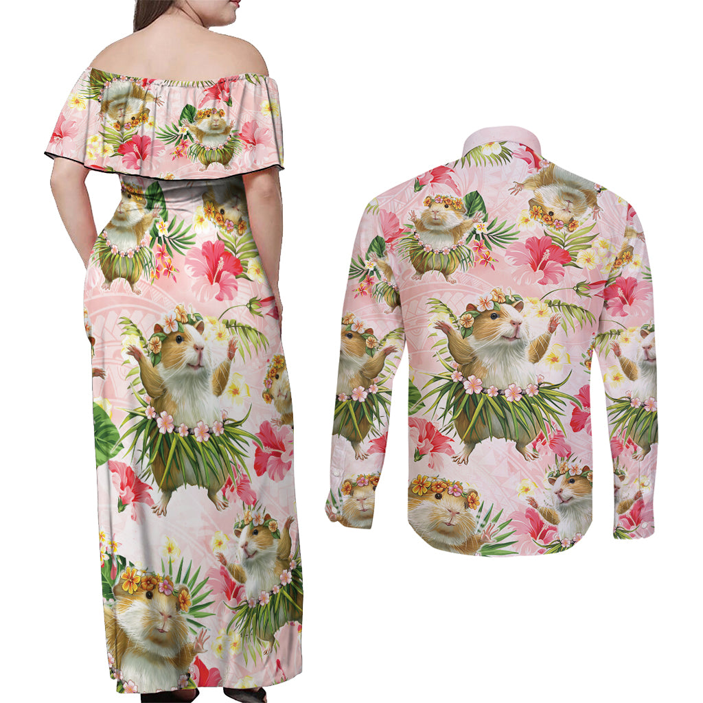 Hawaii Guinea Hula Pig Couples Matching Off Shoulder Maxi Dress and Long Sleeve Button Shirt Funny Tropical Style
