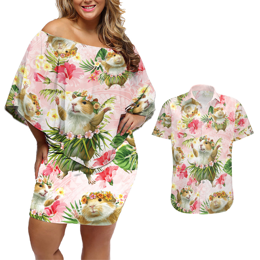 Hawaii Guinea Hula Pig Couples Matching Off Shoulder Short Dress and Hawaiian Shirt Funny Tropical Style