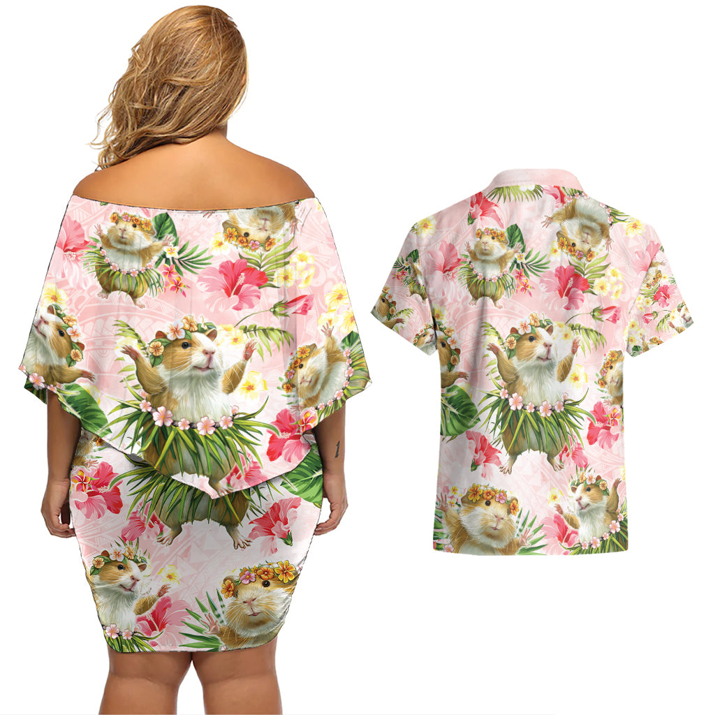 Hawaii Guinea Hula Pig Couples Matching Off Shoulder Short Dress and Hawaiian Shirt Funny Tropical Style