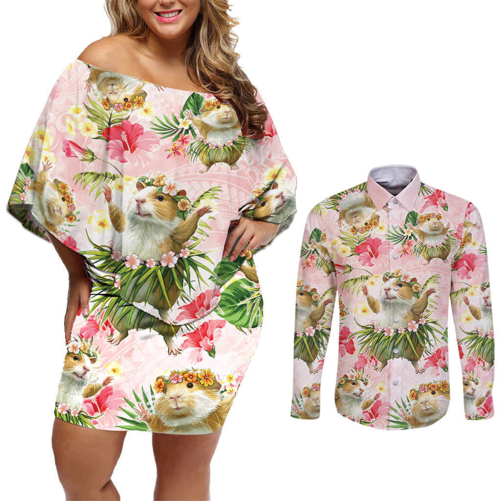 Hawaii Guinea Hula Pig Couples Matching Off Shoulder Short Dress and Long Sleeve Button Shirt Funny Tropical Style