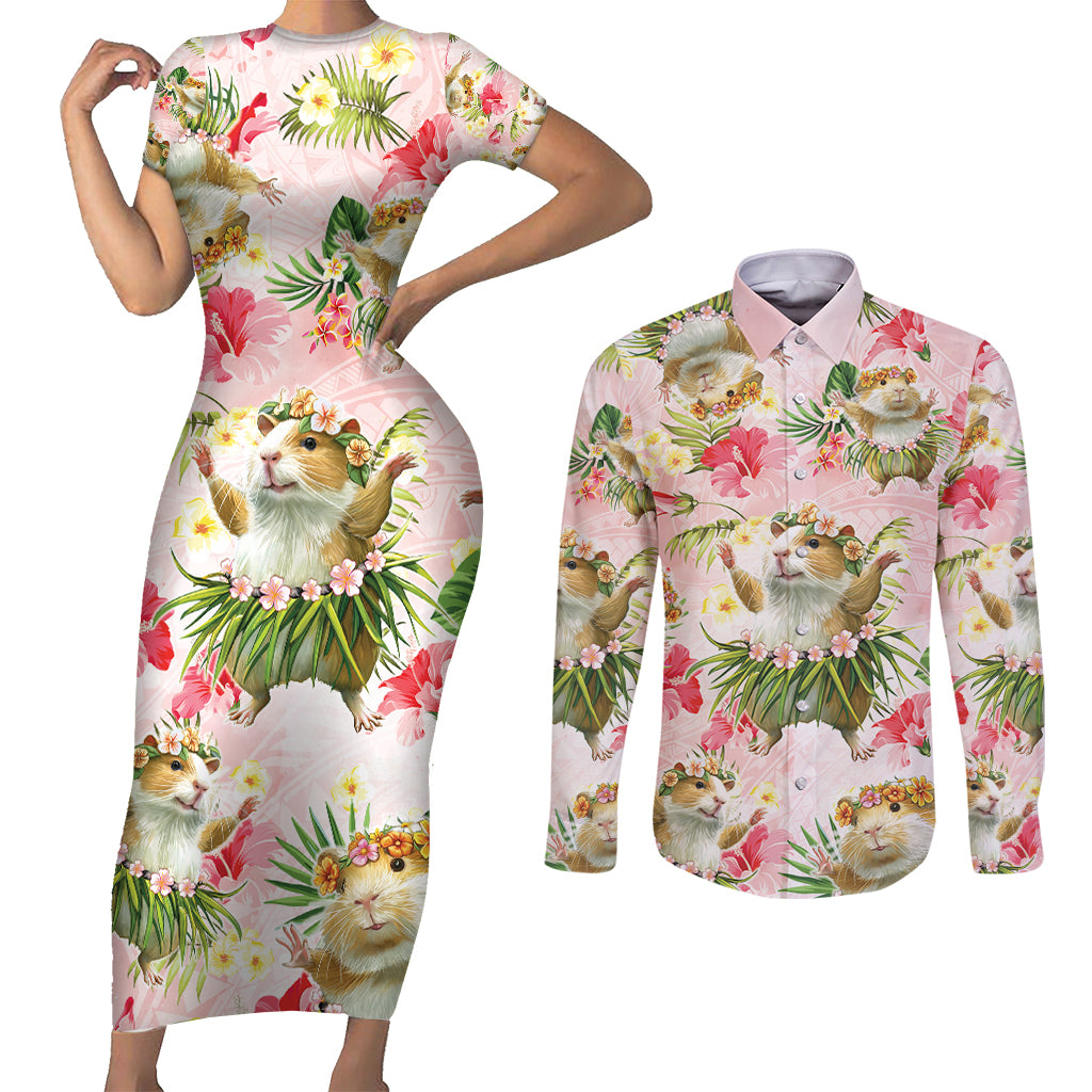 Hawaii Guinea Hula Pig Couples Matching Short Sleeve Bodycon Dress and Long Sleeve Button Shirt Funny Tropical Style