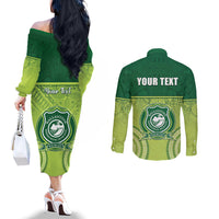 Personalised Ballantine Memorial School Couples Matching Off The Shoulder Long Sleeve Dress and Long Sleeve Button Shirt With Fijian Tapa Pattern