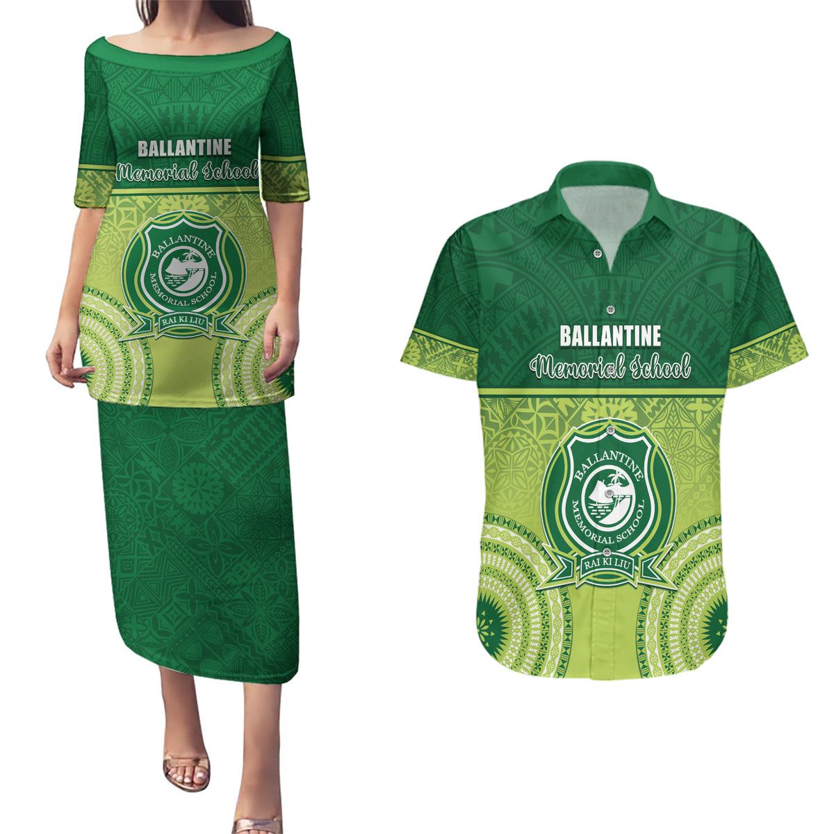 Personalised Ballantine Memorial School Couples Matching Puletasi and Hawaiian Shirt With Fijian Tapa Pattern