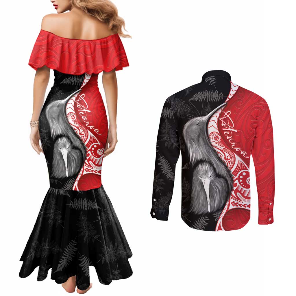 New Zealand Aotearoa Couples Matching Mermaid Dress and Long Sleeve Button Shirt Kiwi Fern Maori Pattern Red Version LT05 - Polynesian Pride