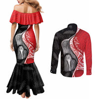 New Zealand Aotearoa Couples Matching Mermaid Dress and Long Sleeve Button Shirt Kiwi Fern Maori Pattern Red Version LT05 - Polynesian Pride