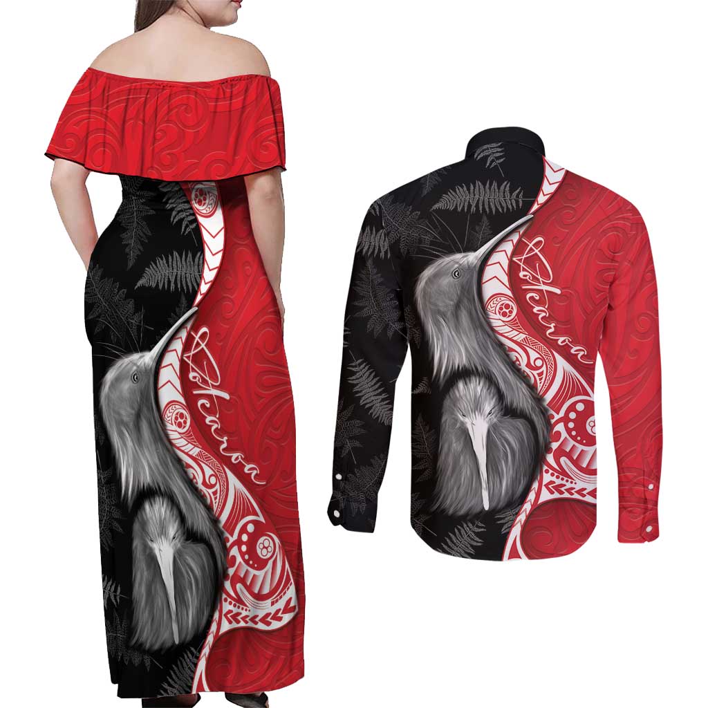 New Zealand Aotearoa Couples Matching Off Shoulder Maxi Dress and Long Sleeve Button Shirt Kiwi Fern Maori Pattern Red Version LT05 - Polynesian Pride