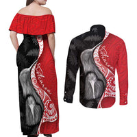 New Zealand Aotearoa Couples Matching Off Shoulder Maxi Dress and Long Sleeve Button Shirt Kiwi Fern Maori Pattern Red Version LT05 - Polynesian Pride